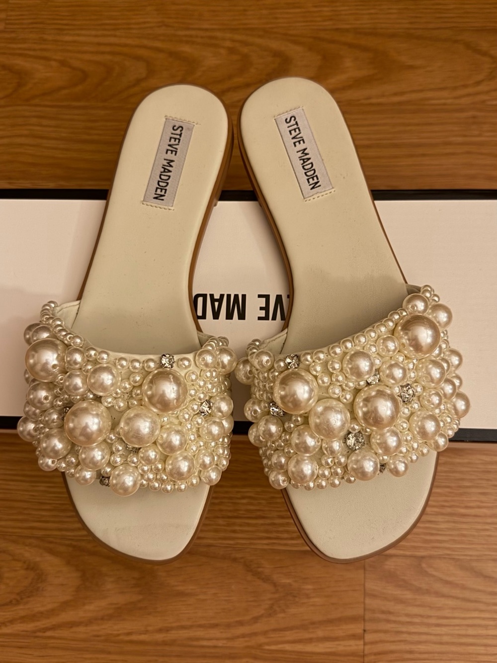 Steve Madden Pearl-Embellished Ivory Slide Mules